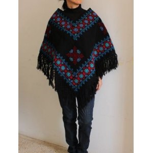 画像: メキシコ刺繍ポンチョ・幾何学模様・黒