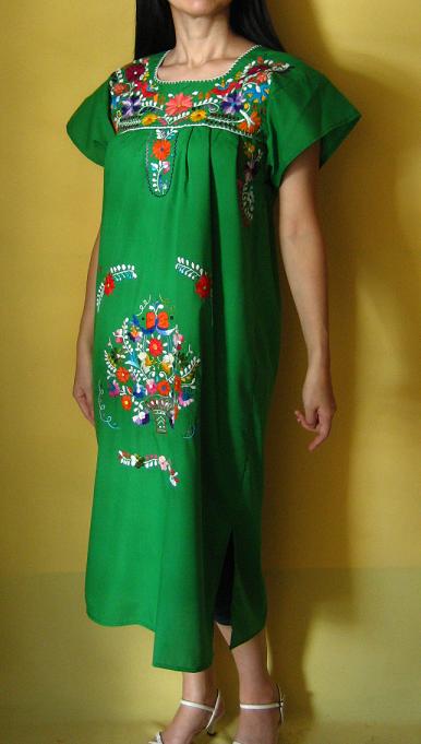 画像: メキシコ刺繍花の刺繍ワンピース・グリーン
