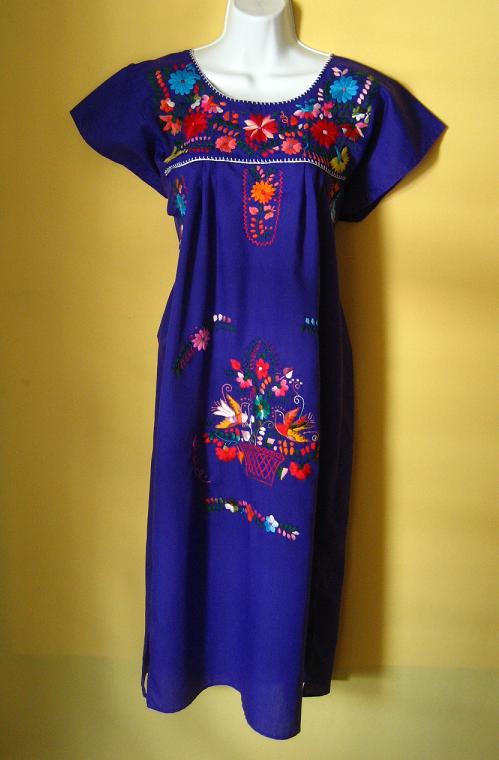 画像: メキシコ刺繍花と鳥の刺繍ワンピース・パープル