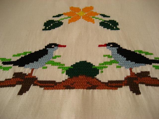 画像: メキシコ刺繍・マサテコ族の刺繍クロス・小鳥グレー
