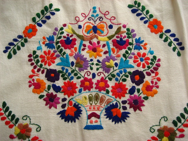 画像: メキシコ刺繍花と鳥の刺繍ワンピース・キナリ