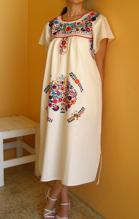 画像: メキシコ刺繍花と鳥の刺繍ワンピース・キナリ
