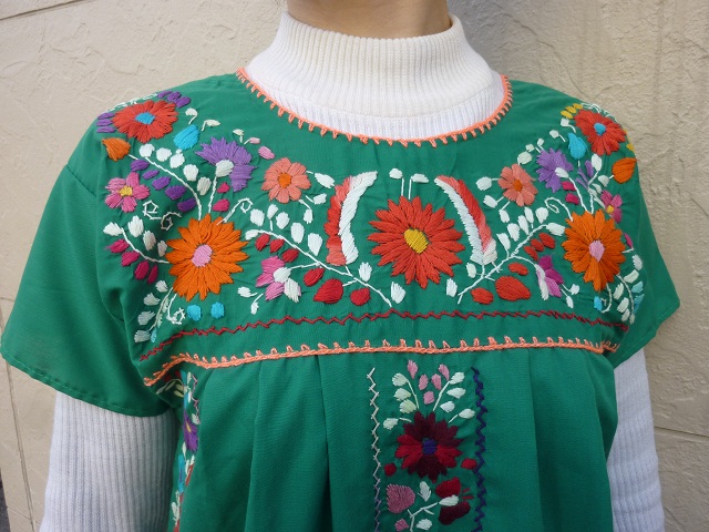 画像: メキシコ刺繍花の刺繍ワンピース・グリーン