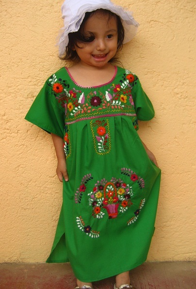 画像: ベビー用メキシコ刺繍ワンピースグリーン3〜4歳用