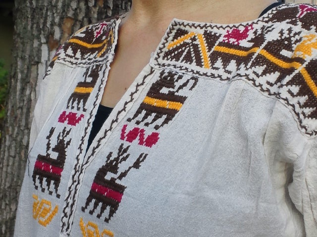 画像3: 再入荷☆メキシコ刺繍・サポテコ族の鹿刺繍ブラウス・ブラウン