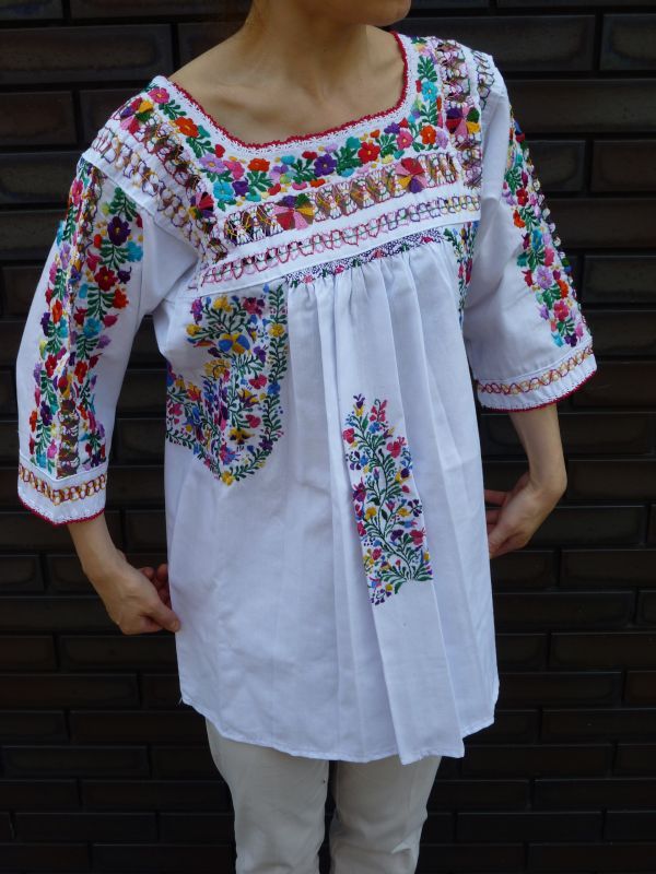 画像: メキシコ刺繍サン・アントニーノ刺繍ブラウス長袖・カラフル刺繍ドロンワーク