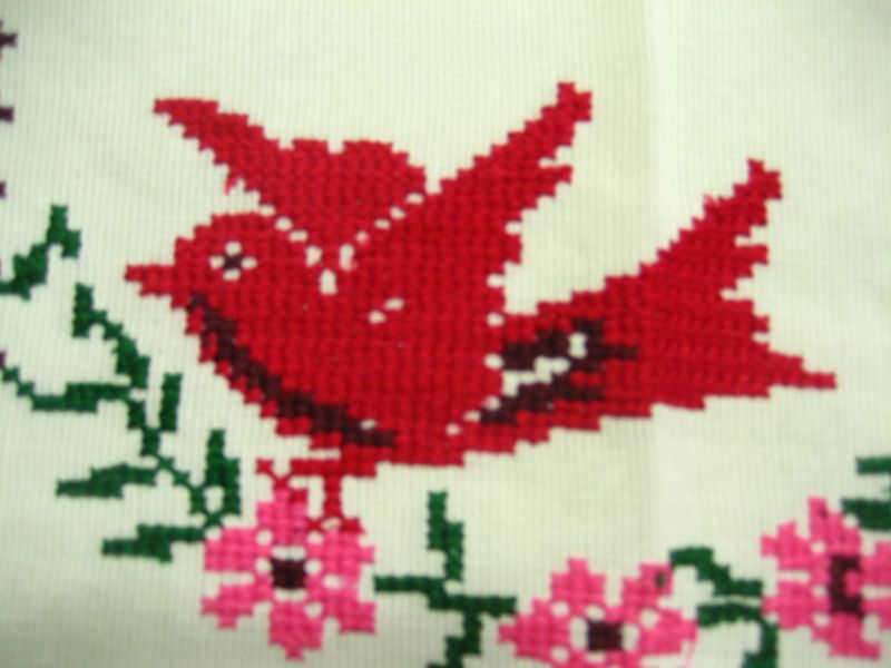 画像: メキシコ刺繍・マサテコ族の刺繍クロス・２羽の赤い鳥