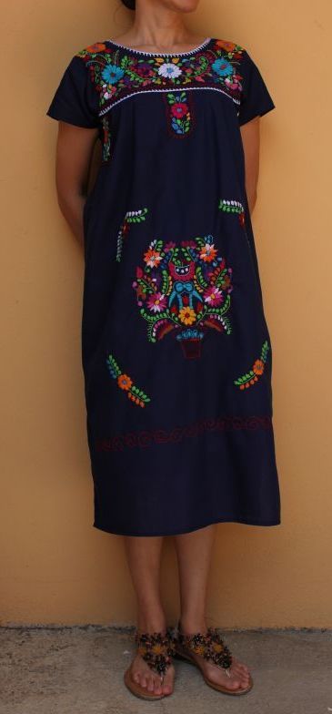 画像: メキシコ刺繍花の刺繍ワンピース・ネイビー