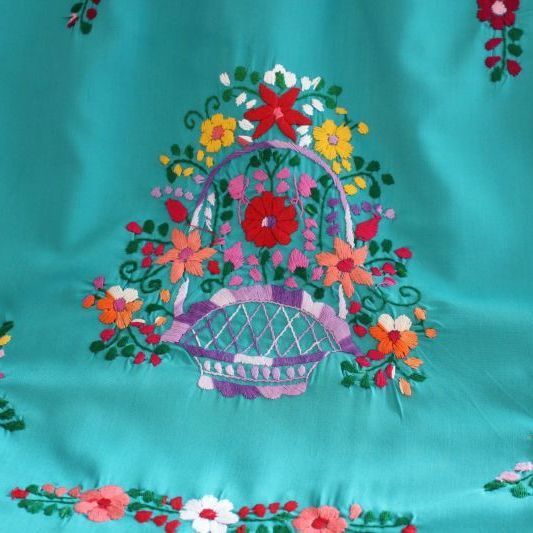 画像: メキシコ刺繍花と鳥の刺繍ワンピース・グリーン