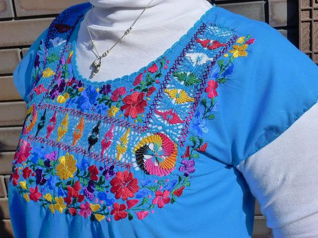 画像: 春色☆メキシコ刺繍ブラウス・サンアントニーノ・ドロンワークブルー