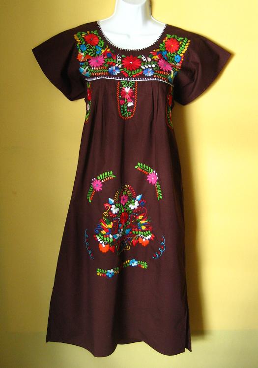 画像: メキシコ刺繍花と鳥の刺繍ワンピース・ブラウン