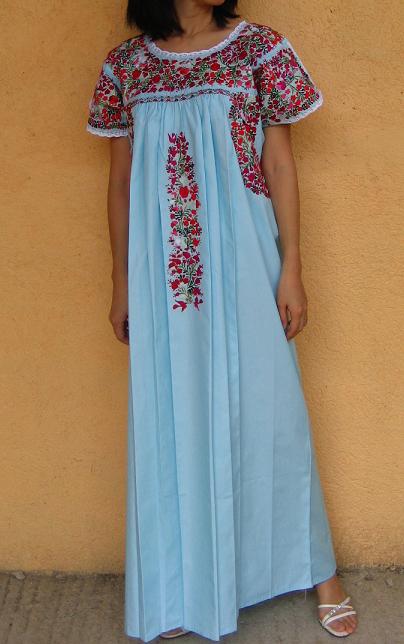 画像: メキシコ刺繍サン・アントニーノ刺繍ワンピース・ライトブルー