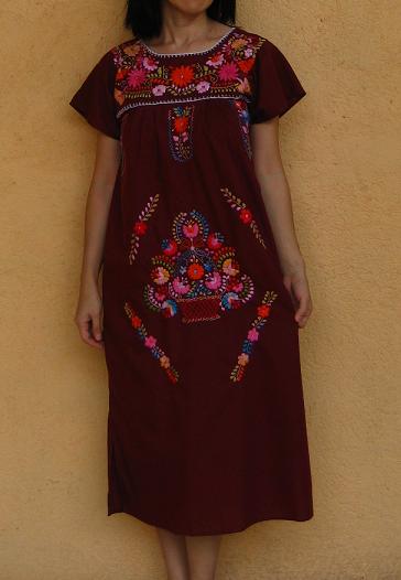 画像: メキシコ刺繍花の刺繍ワンピース