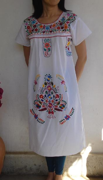 画像: メキシコ刺繍花と鳥の刺繍ワンピース・ホワイト