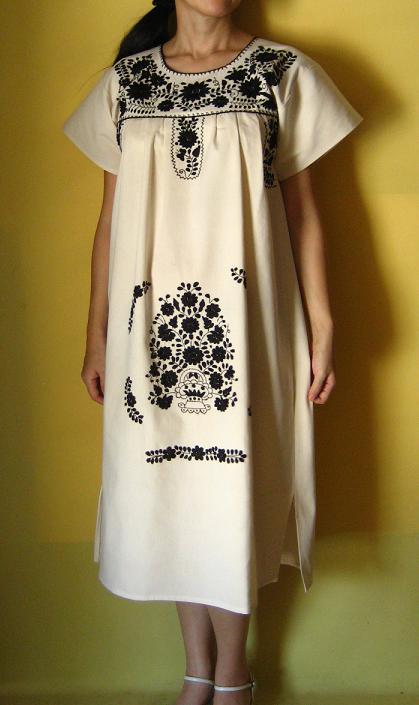 画像: メキシコ刺繍花と鳥の刺繍ワンピース・キナリブラック刺繍