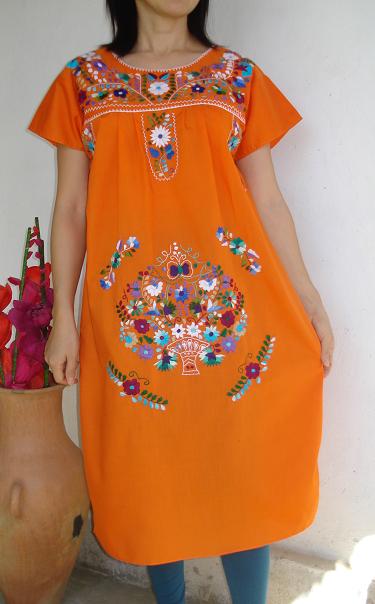 画像: メキシコ刺繍花と鳥の刺繍ワンピース・オレンジ