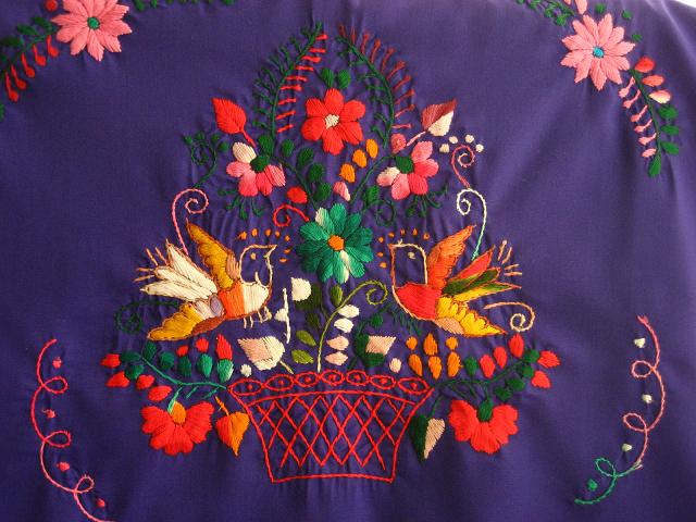 画像: メキシコ刺繍花と鳥の刺繍ワンピース・パープル