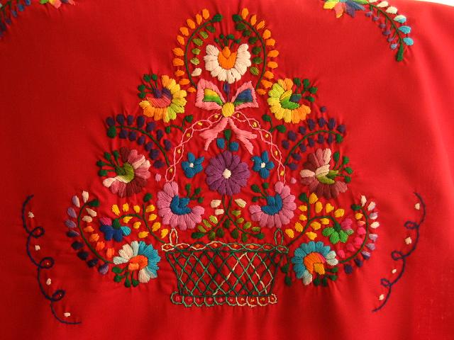 画像: メキシコ刺繍・プエブラ花の刺繍ワンピース・レッド