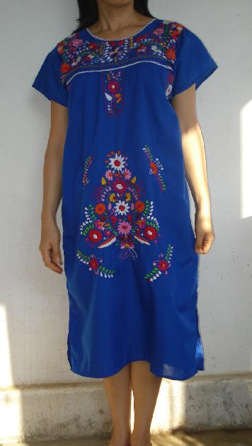 画像: メキシコ刺繍花と鳥の刺繍ワンピース・ブルー