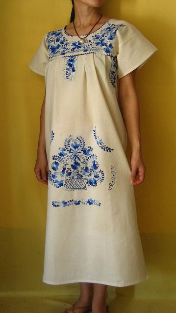 画像: メキシコ刺繍花と鳥の刺繍ワンピース・キナリブルー刺繍
