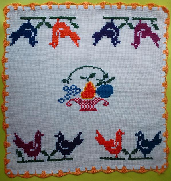 画像: メキシコ刺繍・マサテコ族の刺繍クロス・小鳥と果物かご